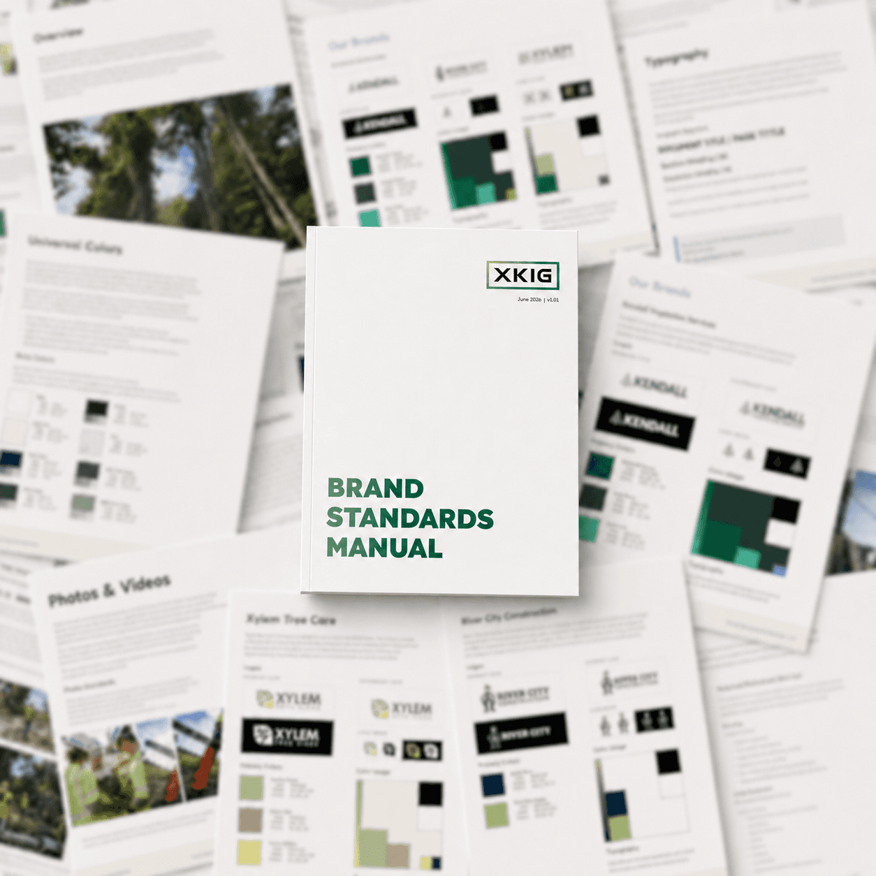XKIG brand standards manual cover and sample brand elements