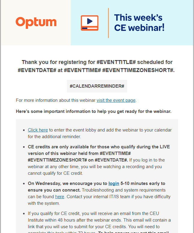 Optum CE this week's webinar email