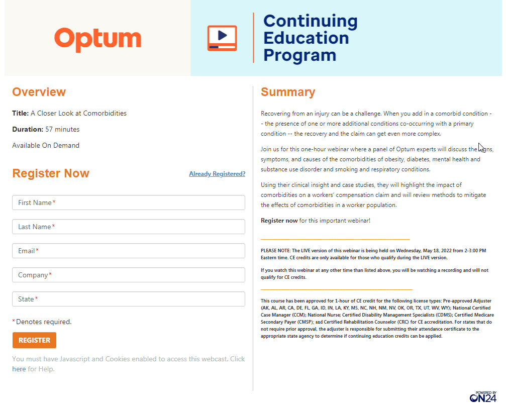 Optum CE registration page