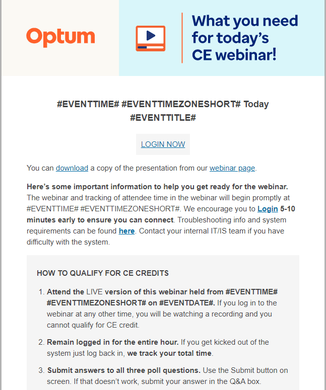 Optum CE today's webinar email