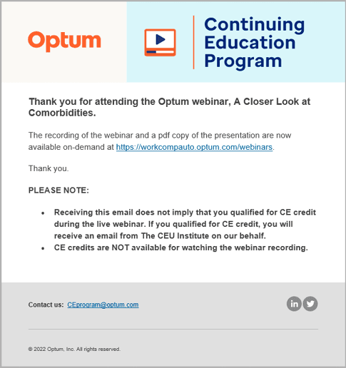 Optum CE thank you for joining email